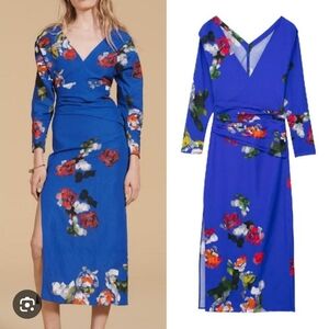 NWOT Zara Limited Edition Printed Draped Floral Blue Dress Size Small